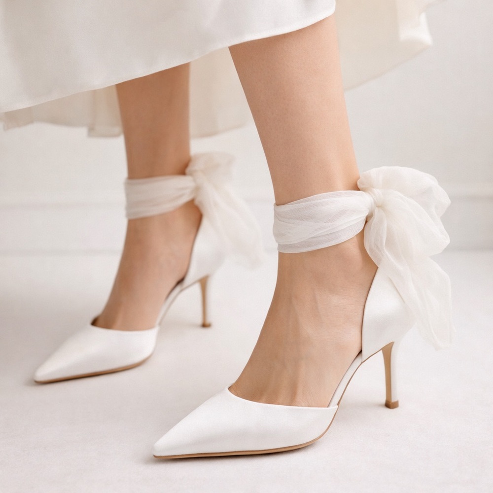 Badgley Mischka White Satin d’Orsay Heel Chiffon Bow Bridal Pump